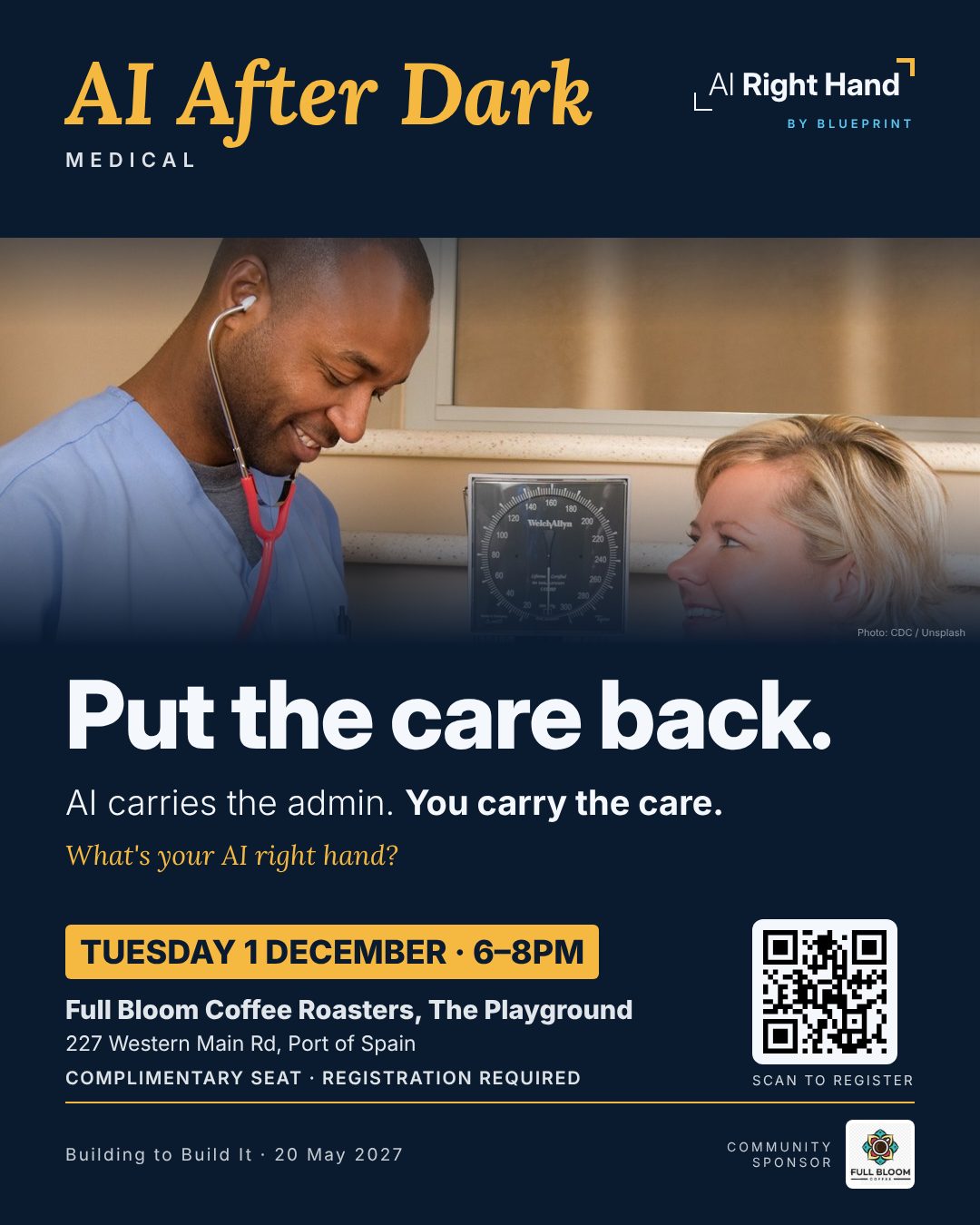 AI After Dark: Medical, Tuesday 1 December, 6 to 8pm, Full Bloom Coffee Roasters, The Playground, Port of Spain